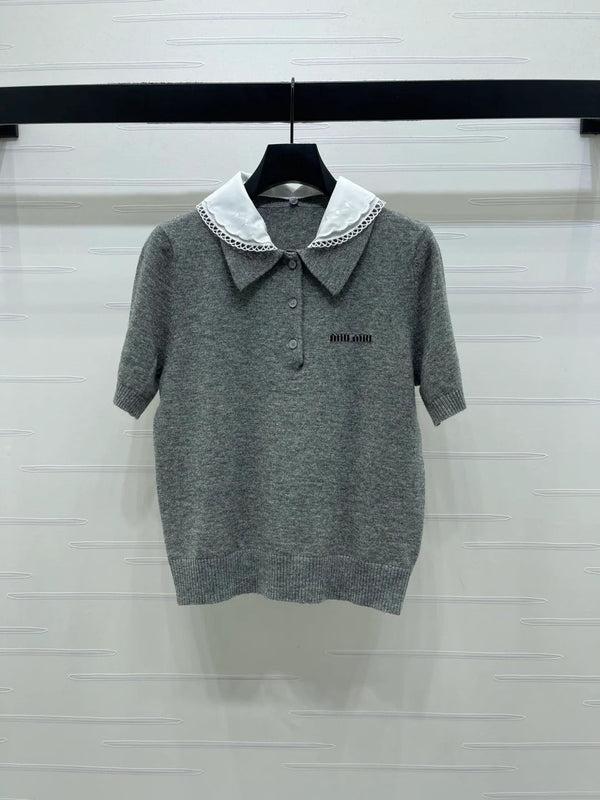 Miumiu 2026 Pan Collar Knit Short-Sleeve T-Shirt Gray and Navy Blue Wool