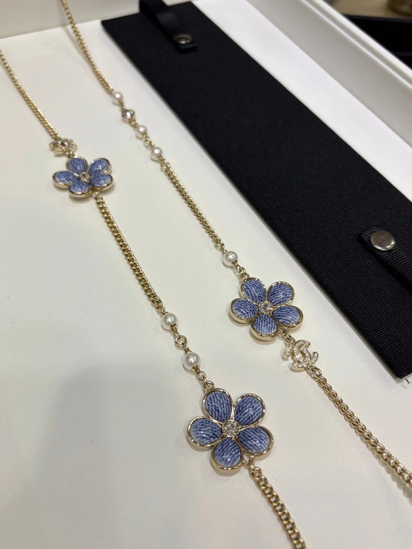 CC 2026 Gold Double C Denim Flower Enamel Necklace