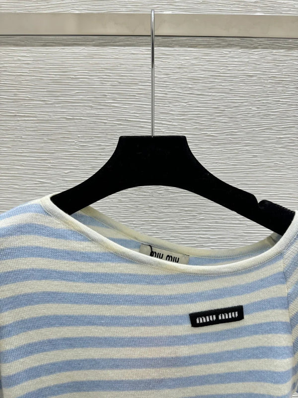 Miumiu 2026 Striped Knit Short-Sleeve Blue and Black Wool Polyester 132745