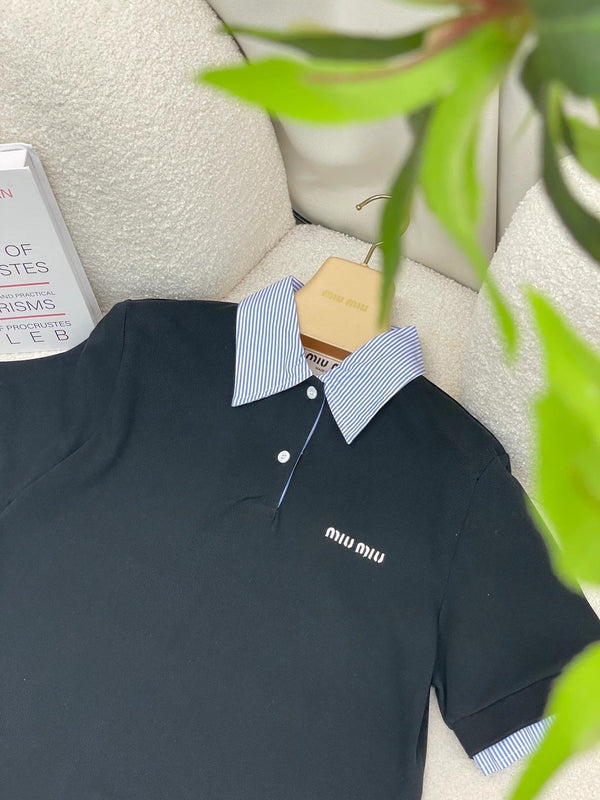 Miumiu 2026 Striped Patchwork Polo Shirt Black Blue Cotton