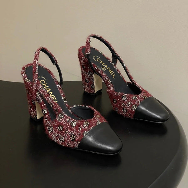 CC 26s Slingback 95 Dark Red Black Tweed Sheepskin 649422