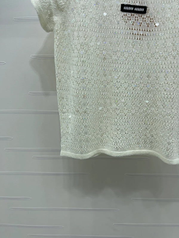 Miumiu 2026 Hollowed-out Knit Top Blue White Wool Polyester