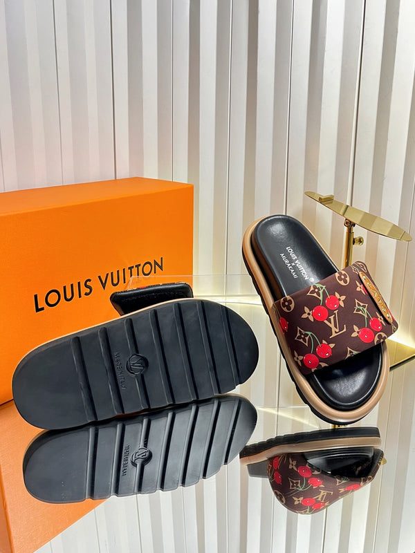 LV 26s Slippers Black Brown Red Fabric Sheepskin 616349