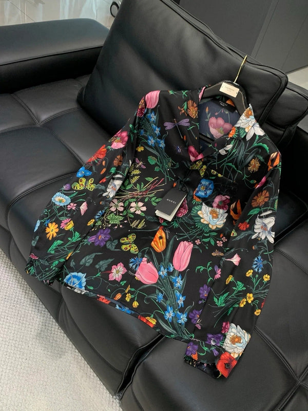 Gucci 2026 Flower Long-sleeved Shirt Black mix colors Silk 131813