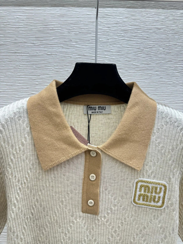 Miumiu 2026 Short-sleeved Knit Polo Shirt Beige and Gray Wool