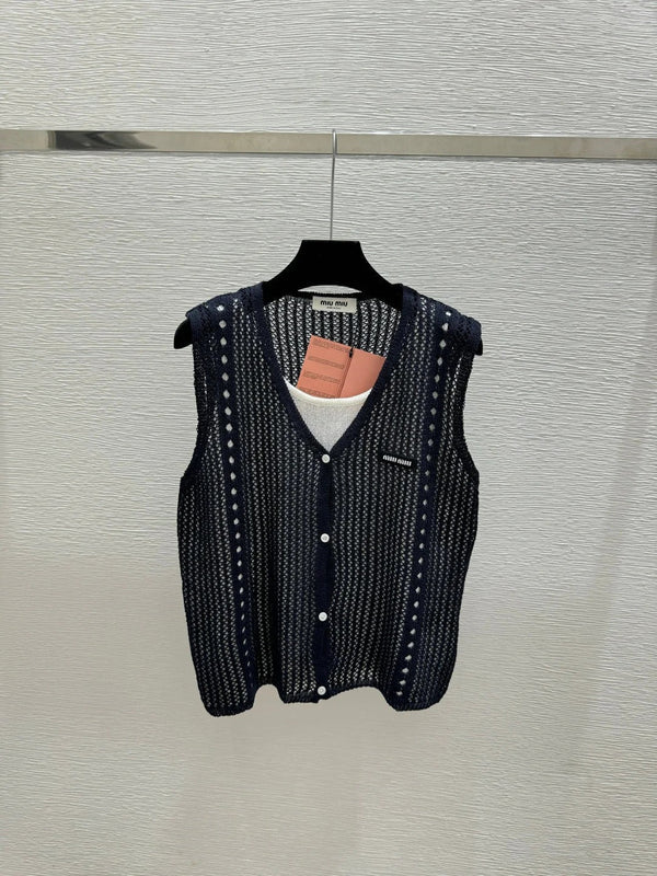 Miu 2026 Vest Navy Blue and Cream Tencel Polyester 516025