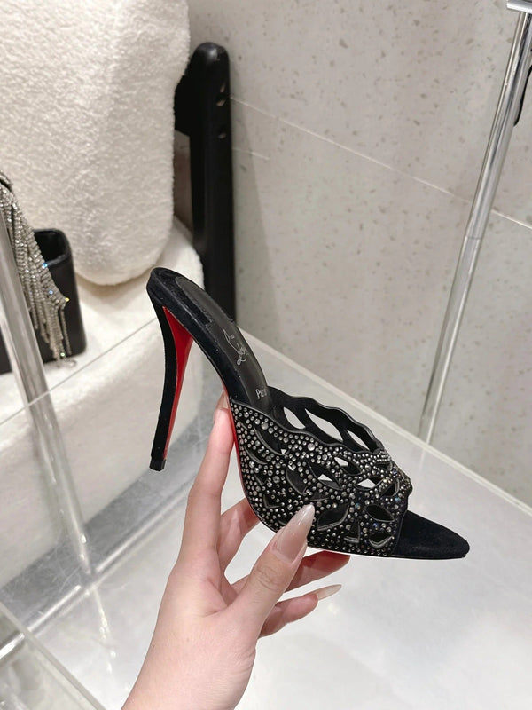 CL 26SS High-Heeled Slippers 100 Black Suede Sheepskin 636694