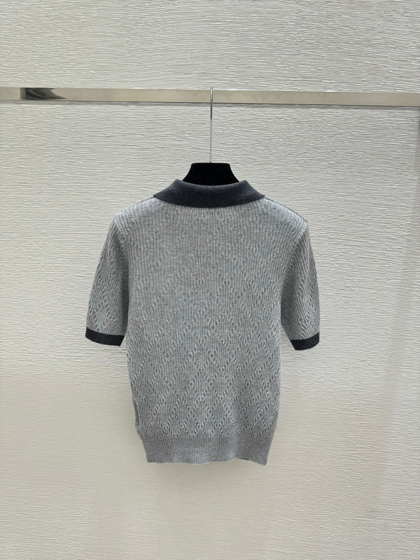 Miumiu 2026 Short-sleeved Knit Polo Shirt Beige and Gray Wool
