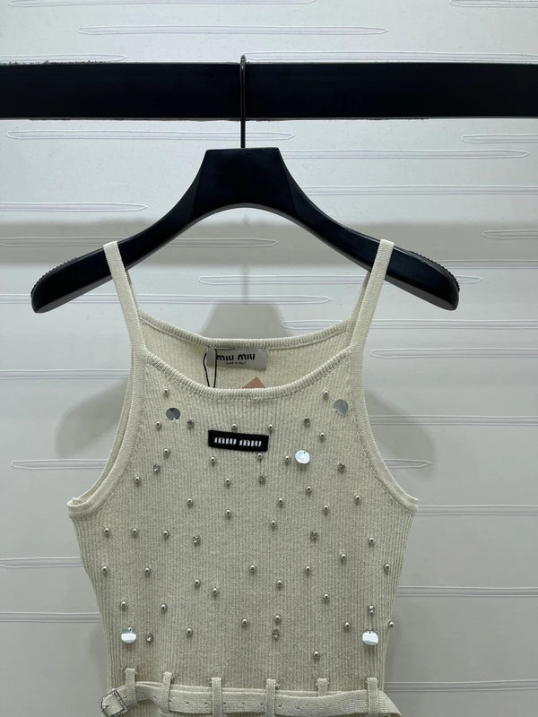 Miumiu 2026 Knit Top With Crystal Details And Belted Waist Wool