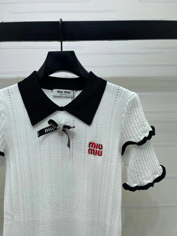 Miu 2026 Knitted Polo Shirt With Black Bow Wool Cashmere 414394