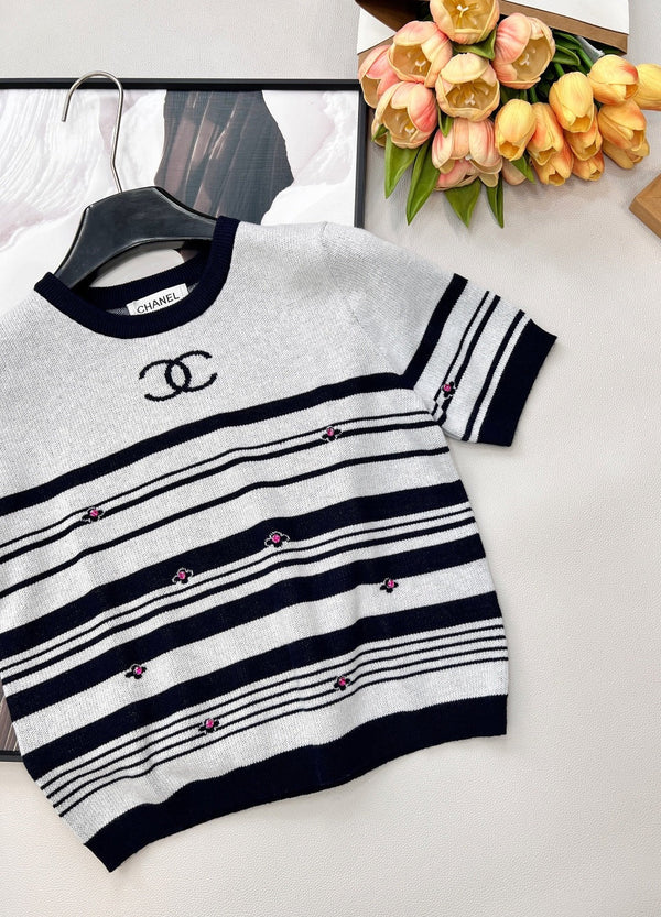 Chanel 2026 Striped Knit Short-Sleeve Top Black White Wool Nylon