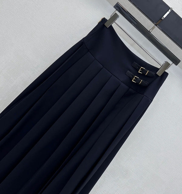 Miumiu 2026 Leather-buckled Pleated Midi Skirt Navy Blue Cotton 356069