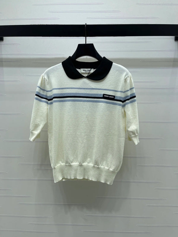 Miumiu 2026 Pan Collar Knit Short-sleeved Top Cream and Black Tencel 352458