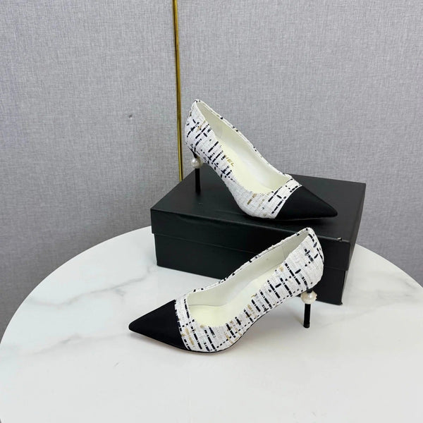 CC 2026 Pumps 85mm Tweed Pearl White Black 801952
