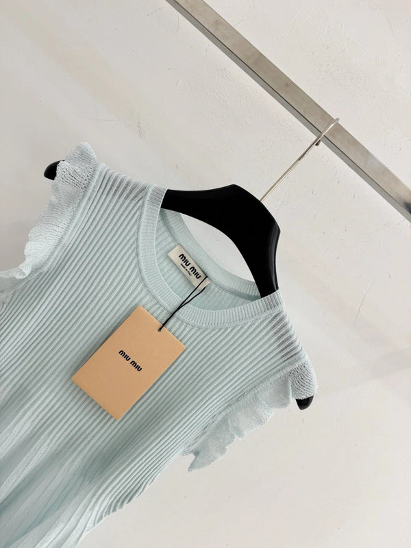 Miu 2026 Ruffled Sleeveless Knitwear Light Blue Cotton 516685