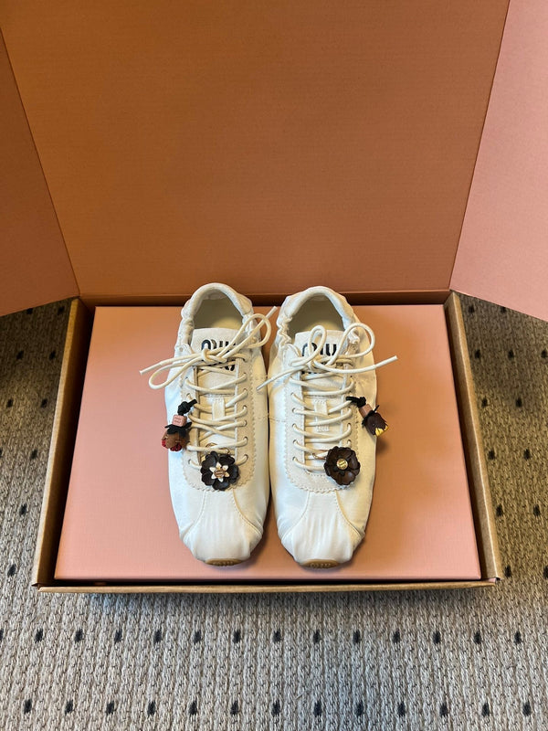 Miu Miu 2026 Plume Sneaker With Floral Charm White Satin 621346