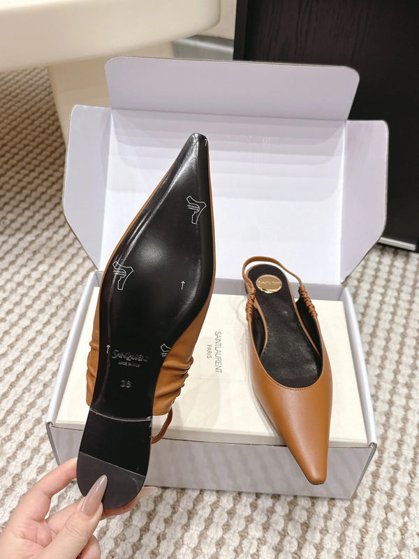 YSL 26ss Flat Slingback Camel Brown Sheepskin 654712