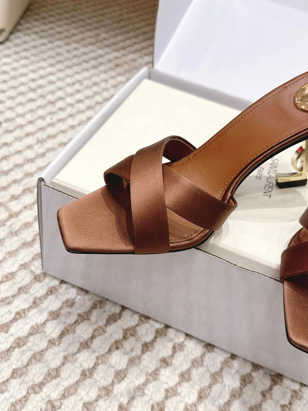 YSL 26ss High-Heeled Mules 85 Brown Satin Leather 660671