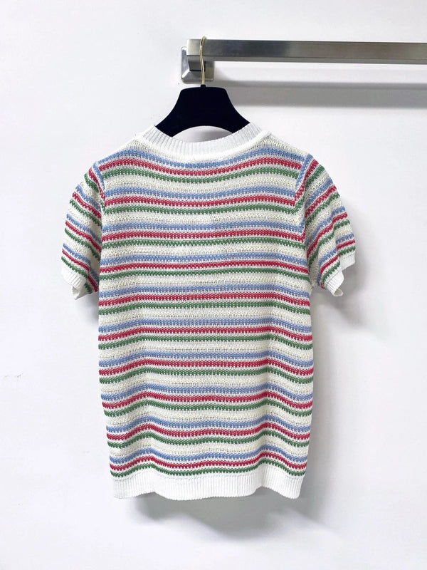 CD 2026 Multi Color Striped Knit Short Sleeve T-shirt Wool Laine 405746