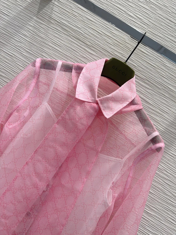 Gucci 2026 GG Tie-neck Printed Chiffon Shirt Pink Polyester 131877