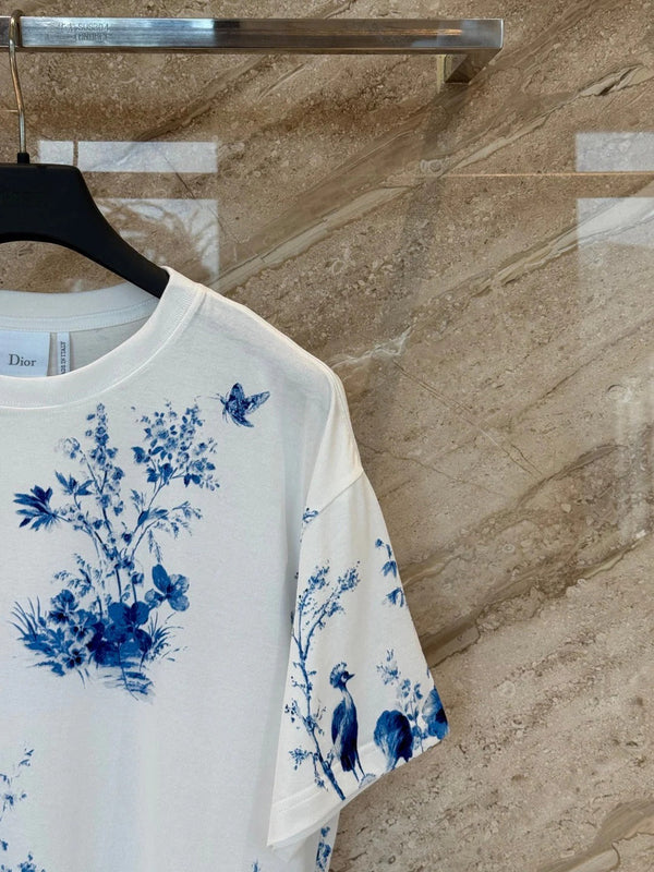 CD 2026 Blue Floral and Bird Print Short-Sleeve T-Shirt Cotton 415774