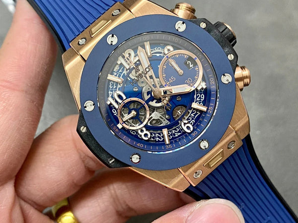 Hublot Big Bang Unico Rose Gold 42mm Watch with Blue Ceramic Bezel