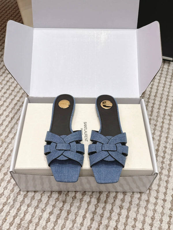YSL 26ss Flat Slippers Blue Denim Leather 654727