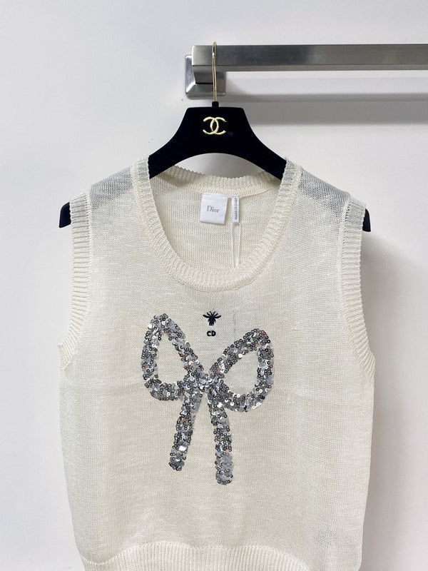 CD 2026 Sleeveless Knit Vest Bow Applique White Tencel 463559