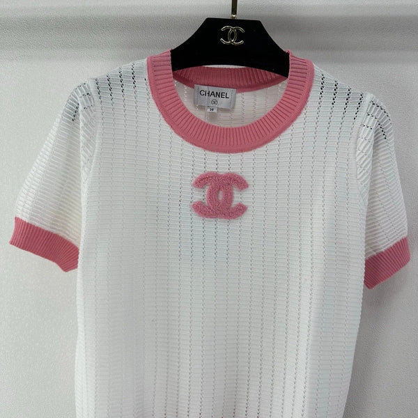 Chanel 2026 Color-blocked Knit Short-sleeved Shirt White Pink Wool 395614