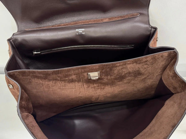 Balenciaga Large Medium Bag 35 Coffee Brown Suede Sliver Hardware