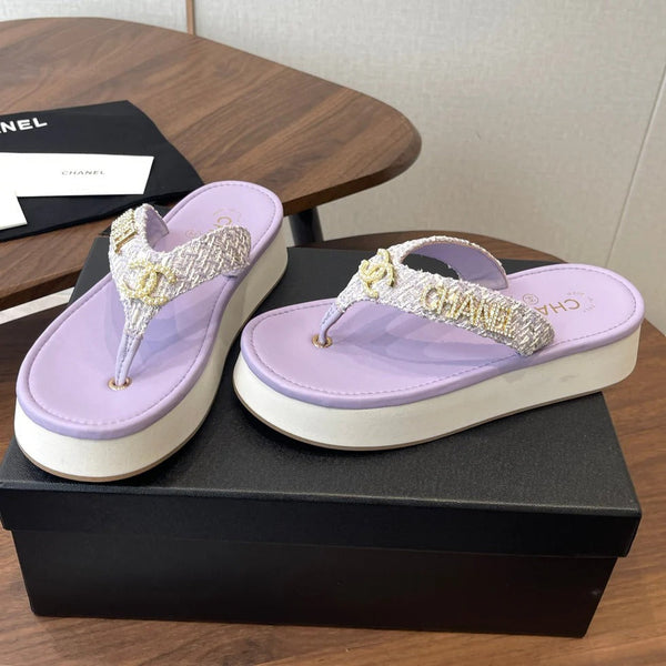 CC 2026 Thong Sandal Platform Tweed Gold Logo Details 790372
