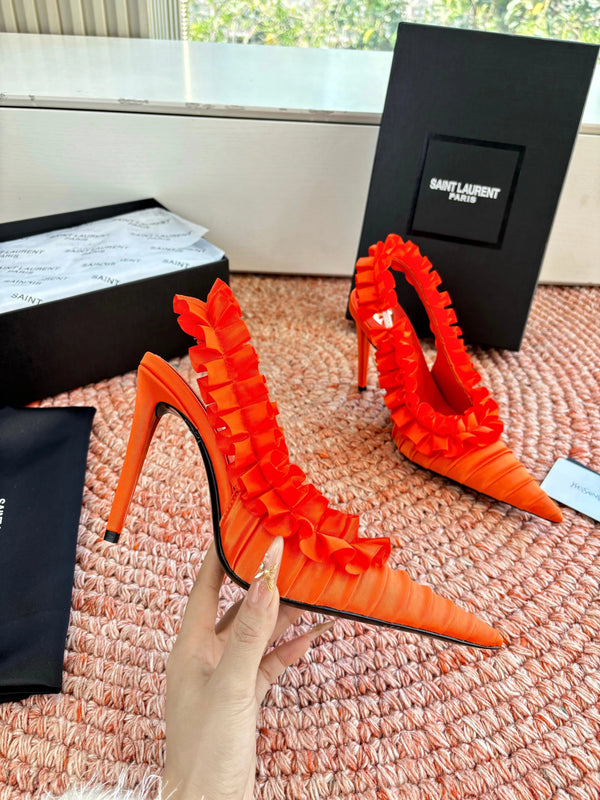 YSL 26ss Slingback Orange Silk Leather 648837