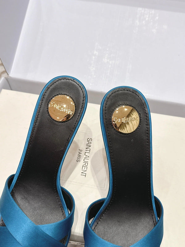 YSL 26ss High-Heeled Mules 85 Blue Black Satin Leather 660670