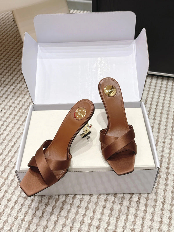 YSL 26ss High-Heeled Mules 85 Brown Satin Leather 660671