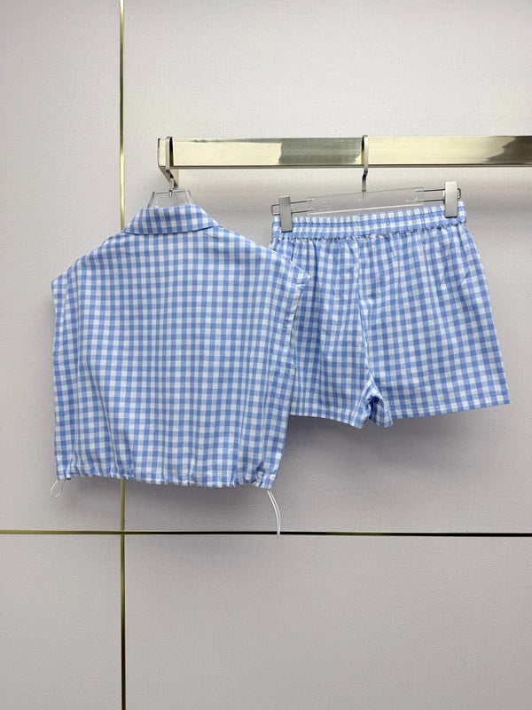 Prad 2026 Plaid Top With Short Blue White Cotton 393519
