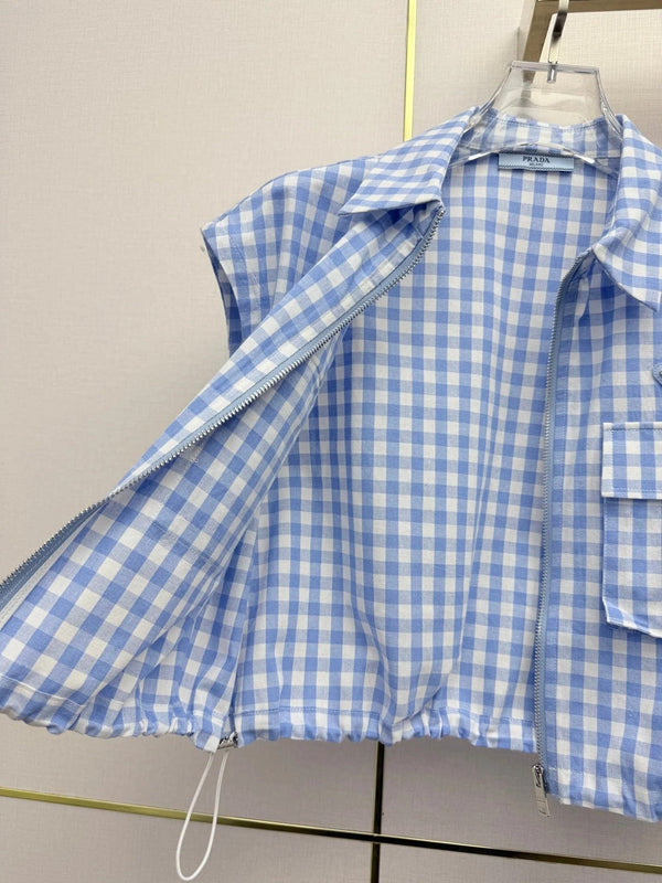 Prad 2026 Plaid Top With Short Blue White Cotton 393519