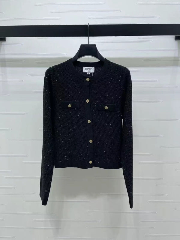 Chanel 2026 Sequined Crew Neck Knit Cardigan Silk Wool