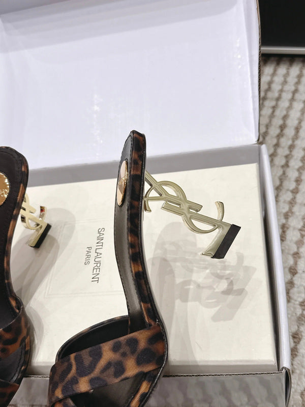 YSL 26ss High-Heeled Mules 85 Leopard Print Fabric Leather 660675