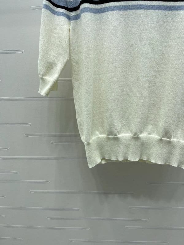 Miumiu 2026 Pan Collar Knit Short-sleeved Top Cream and Black Tencel 352458