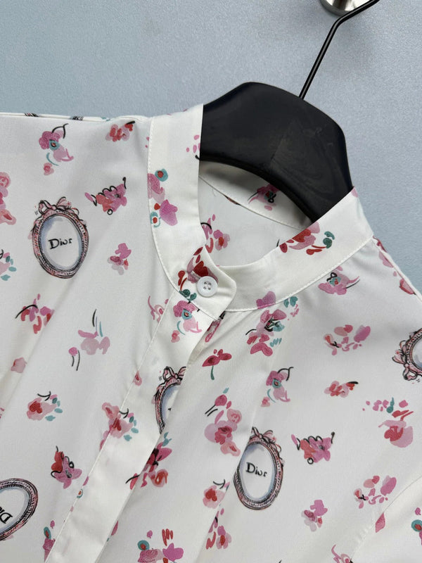CD 2026 Floral Stand Collar Slim Waist Shirt Dress Polyester 392333