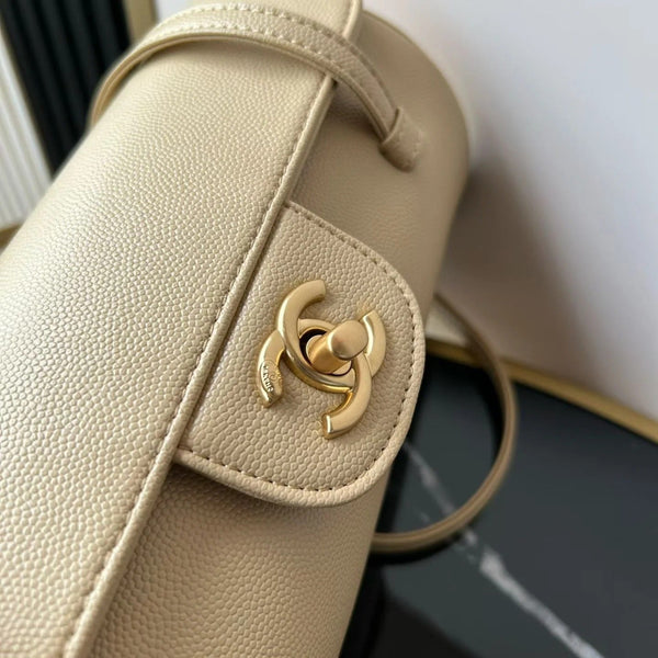 Chanel 2026 Bowling Ball Cylinder Bag 20.5cm Beige Caviar Leather 345493