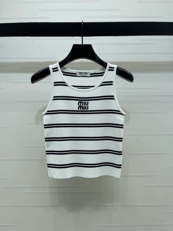 Miumiu 2026 Crew Neck Striped Knit Vest Black and White Wool 352631