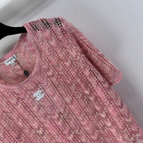 Chanel 2026 Openwork Knit Short Sleeve Pink Cotton 395623