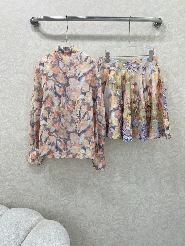 ZIMMER STAND-COLLAR PRINTED STUDDED TOP AND HIGH-WAIST FLARED SKIRT SET