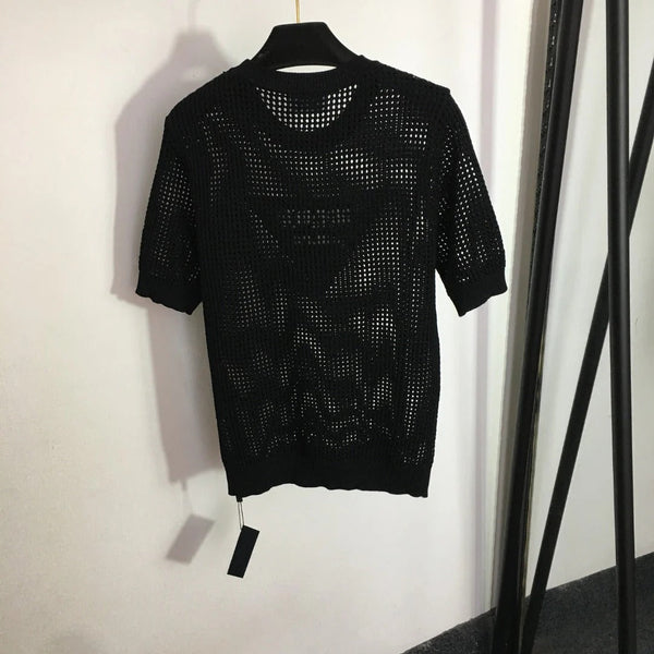 PRADA 25S SHORT-SLEEVE MESH KNIT PULLOVER SWEATER 291