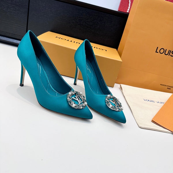 LV 26s Pointed-Toe High Heels 95 Teal Blue Premium Satin 622439