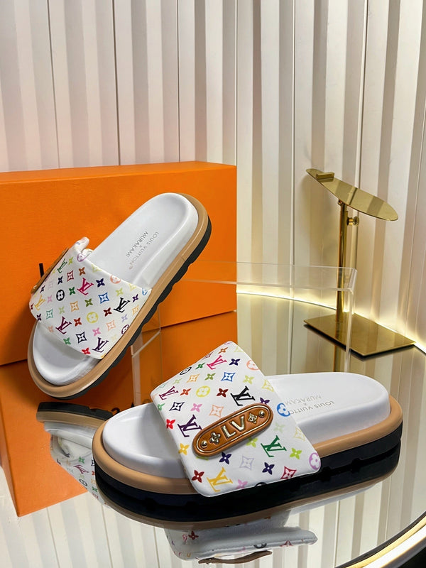 LV 26s Slippers White Multicolor Fabric Sheepskin 616355