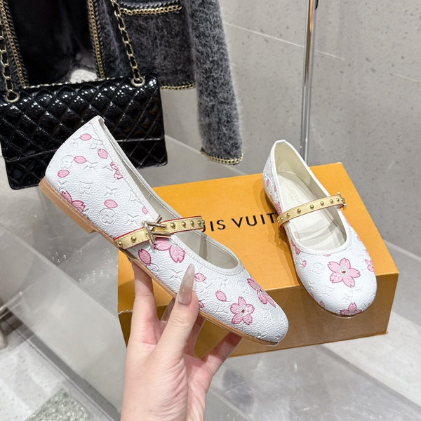 LV 26s Ballet Flats White Pink Monogram Leather 610841