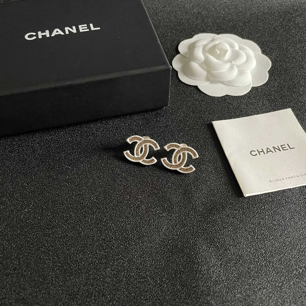 DOUBLE C STUD EARRINGS WITH WHITE TRIM AND CENTER STONE