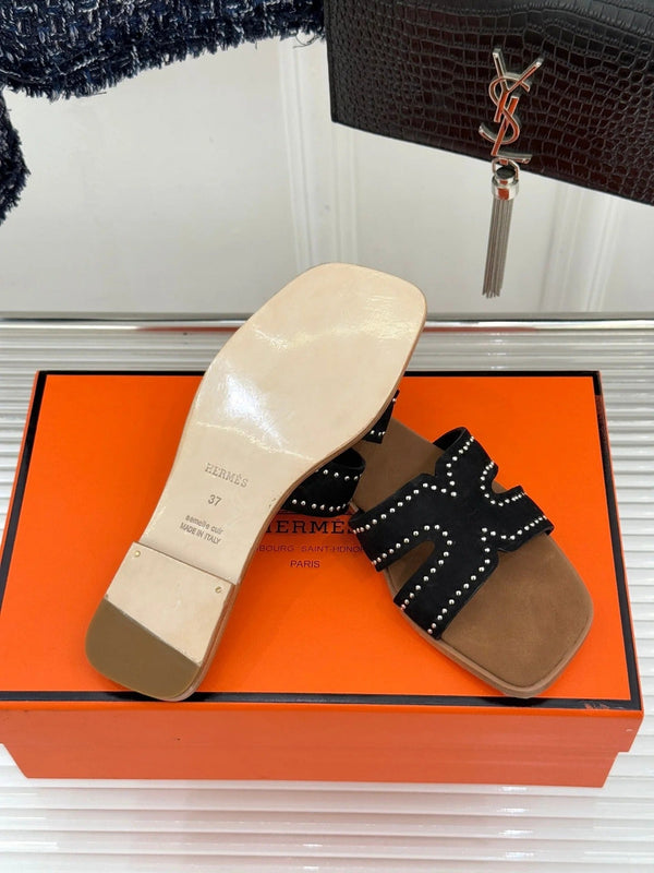 HM 26ss Flat Slippers Brown Black Suede 642827